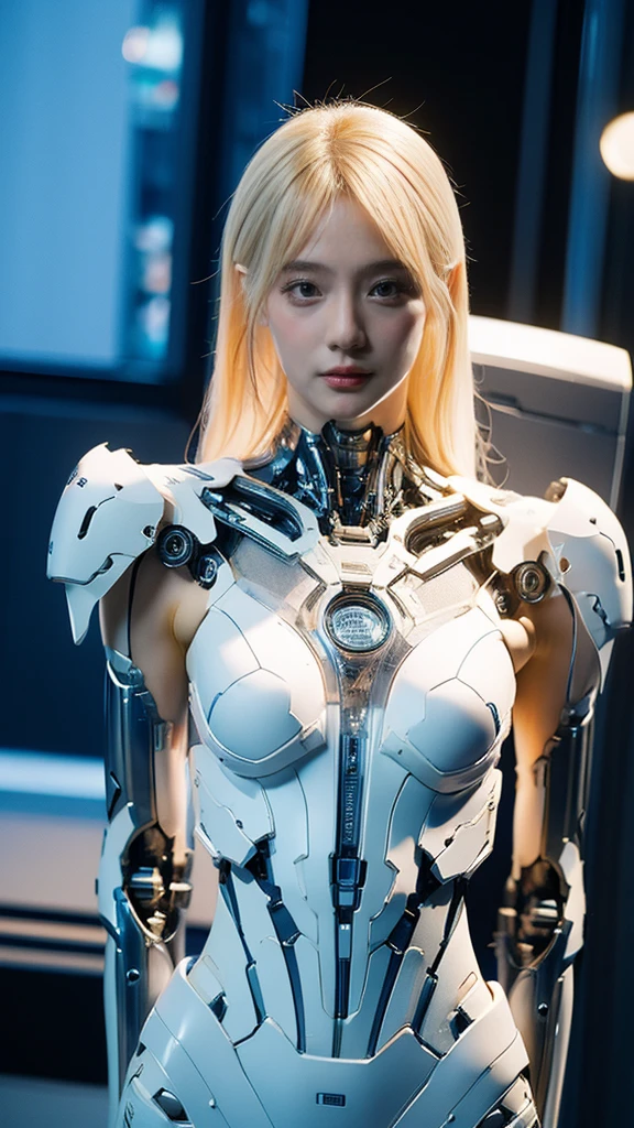 {{best quality, 1080P, Masterpiece, Ultra high resolution, photorealistic photo, ultra realism, Light blonde hair, Realistic skin texture, Extreme skin detail, dslr, Detailed eyes, Facing the camera, very beautiful face, Concise facial structure, Pale skin, Realistic skin texture, Extreme skin detail, oc render reflection textures, Realistic light and shadow, Single picture, alone, The body is slim and balanced., Age 20, Height 170, naked girl, NUDE, no underwear, A girl with the body of a mechanical robot., Transparent futuristic black glass mech armor suit, The mechanical cervix is attached to the neck., flat stomach, Woman with perfect mechanical arms and legs, full body view, Whole body photo.}}