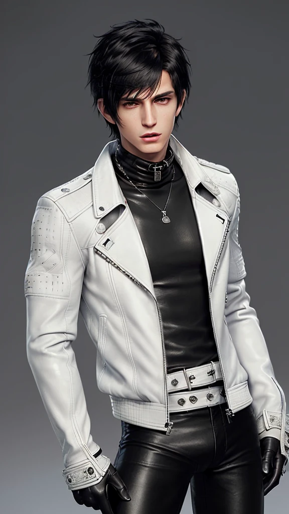 Final fantasy taste and reality graphics, Japanese young cute and cool ikemen boy, his age is early 20s, thin eyebrows and beady eyes, ((he wearing off white color leather thick material jacket)), ((jacket is singlebrest)), biker style jacket, with epaulet, jacket is long sleeve, ((must close the front of the leather jacket)), , ((voluminous leather jacket)), ,((must jacket is high length and stand-up collar)) ((jacket collar with two belts)), ((jacket is a little black color line pattern)),((close the front of the jacket)), ((also wearing black thick material turtleneck lackluster shirts)), ((tight black leather pants)), ((black leather tight and thin glove)), ((black leather knee-high raceup boots)),((must views head-to-toe)),((must views whole body)), ,((Do not show skin from the neck down)),leather jacket leather glove and leather pants have few wrinkles, Avoid showing your innerwear,zip up jacket fastner.must put on a leather glove.
Bous face is expression of ecstasy.
Boy is black hair.boy looks like fashion model.