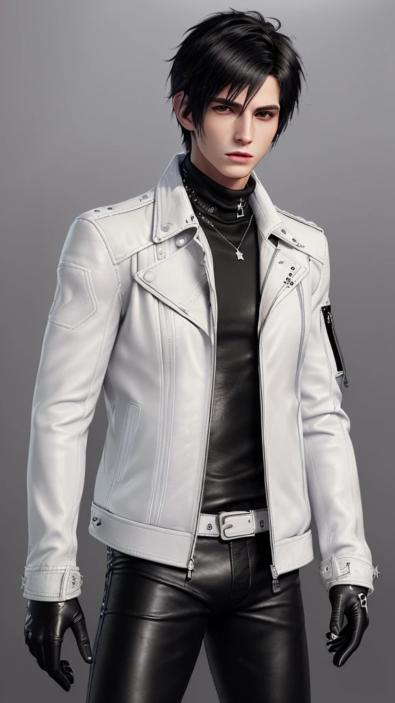 Final fantasy taste and reality graphics, Japanese young cute and cool ikemen  boy, his age is early 20s, thin eyebrows and beady eyes,  ((he wearing off white color leather  thick material jacket)), ((jacket is singlebrest)), biker style jacket, with epaulet, jacket is long sleeve, ((must close the front of the leather jacket)), , ((voluminous leather jacket)), ,((must jacket is high length and stand-up collar)) ((jacket collar with two belts)), ((jacket is a little black color line pattern)),((close the front of the jacket)), ((also wearing black thick material turtleneck lackluster shirts)),  ((tight black leather pants)),  ((black leather tight and thin glove)), ((black leather knee-high raceup boots)),((must views  head-to-toe)),((must views whole body)), ,((Do not show skin from the neck down)),leather jacket leather glove and leather pants have few wrinkles, Avoid showing your innerwear,zip up jacket fastner.must put on a leather glove.
Bous face is expression of ecstasy.
Boy is black hair.boy looks like fashion model.