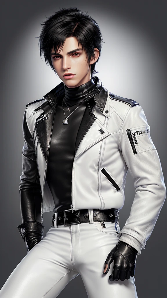 Final fantasy taste and reality graphics, Japanese young cute and cool ikemen boy, his age is early 20s, thin eyebrows and beady eyes, ((he wearing off white color leather thick material jacket)), ((jacket is singlebrest)), biker style jacket, with epaulet, jacket is long sleeve, ((must close the front of the leather jacket)), , ((voluminous leather jacket)), ,((must jacket is high length and stand-up collar)) ((jacket collar with two belts)), ((jacket is a little black color line pattern)),((close the front of the jacket)), ((also wearing black thick material turtleneck lackluster shirts)), ((tight black leather pants)), ((black leather tight and thin glove)), ((black leather knee-high raceup boots)),((must views head-to-toe)),((must views whole body)), ,((Do not show skin from the neck down)),leather jacket leather glove and leather pants have few wrinkles, Avoid showing your innerwear,zip up jacket fastner.must put on a leather glove.
Bous face is expression of ecstasy.
Boy is black hair.boy looks like fashion model.