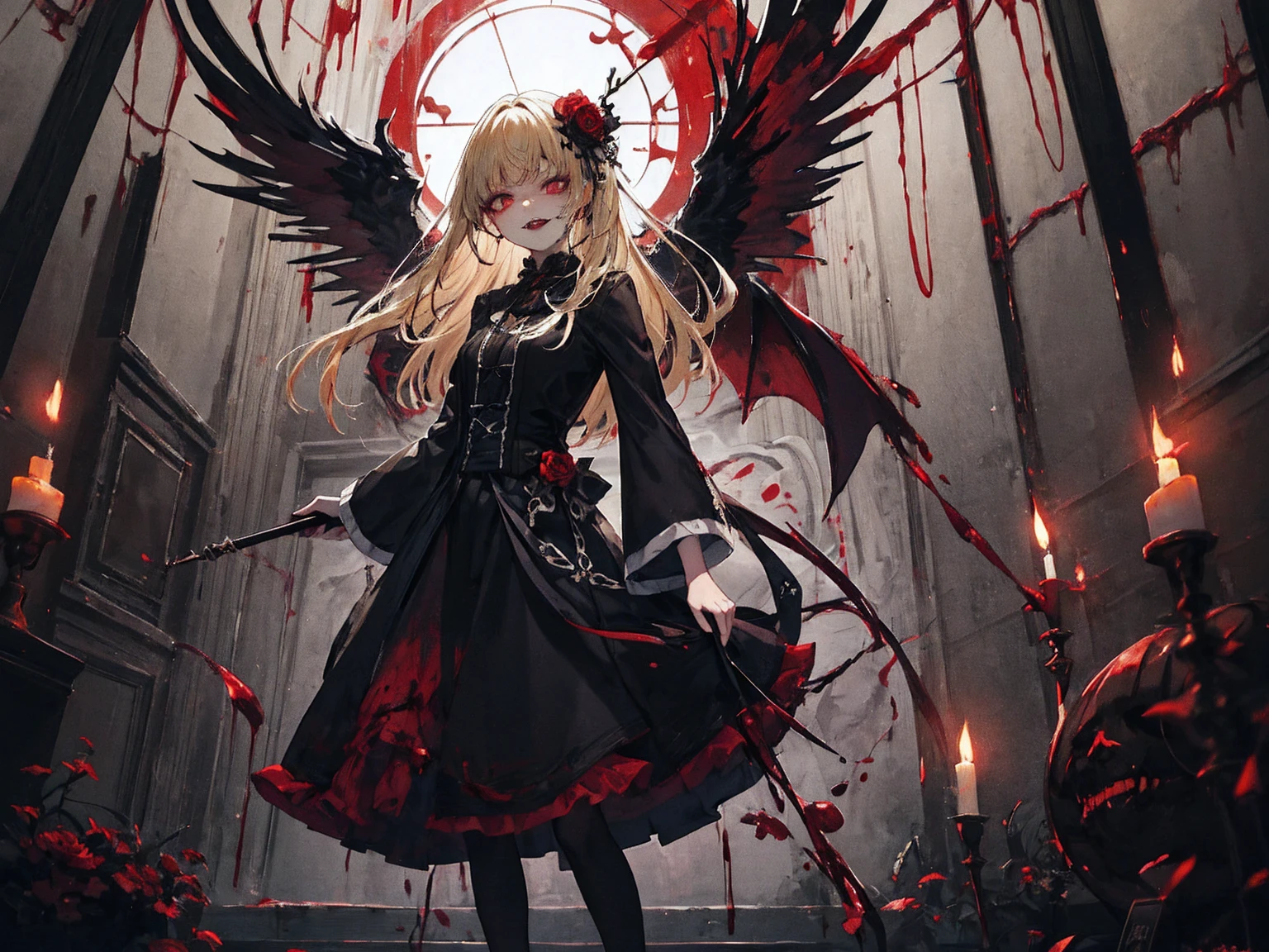 masterpiece, Highest quality, High resolution,(Highest quality,4K,High resolution,masterpiece:1.2),Very detailed,Realistic:1.37,masterpiece, Highest quality, Exquisitely crafted, woman, beautiful, elegant, smile, Blood, iridescent Long Hair, bangs, skirt, shirt, Long sleeve, Frills, shoes, (Red and Black:1.4), flower, spooky, Horror, head蓋Bones, Long Hair, Black Hair, Candles, Blood, hair flower, Dead, hair ornaments, Bone, 人形Horror (theme),spooky altar background,Dark fantasy,Red color scheme,Ominous atmosphere,eyeを引く,Storytelling,Anime Style,Concept Art,beautiful細部までこだわった顔と (((赤いeye ))),A terrifying ritual ,Satanic Ritual,Humanoid,クレイジーなsmile,Scythe Face,Girl Monster, beautiful, Delicate facial features, 鋭いeye, Sharp Fangs, 青White skin, blonde,robot,Cursed Painting, Dark Background, Cinema Lighting, Dramatic Shadows, Gothic style, Gloomy atmosphere, Dark fantasy, One Girl, , Please open your mouth wide, Open your mouth and baring your teeth,Sharp teeth like a beast, Wide lips, very wide mouth, Vermilion cheeks, ,(Bloodしぶき:1.4),Scary smile, smile,Fallen angel design, ねじれたsmile、Bloodまみれの、headからの出Blood,、Bloodしぶき、,(Bloodしぶき:1.4),Crossbones, head蓋Bone,Horror 一人の男の子, Cream colored hair, Blonde, Pearly hair, nice boy, Pure white angel wings, Loose-fitting clothing, Larger clothes, dark red eye, eyeの下のたるみ, dark circles under eye, やみcute, Fluffy hair, Voluminous Hair, skinny, slim, very skinny, Androgynous, cute, spooky, short hair, Horror, Faded colors, White skin, spooky, Unnaturally thin, I'I am hungry, eye, eye in background, sharp eye, Long eyelashes, Under the eyelashes, Loose shorts, レースshirt, Frillsshirt, Tie the ribbon'head, Detailed clothing, A loose cardigan, Open cardigan, 滴るBlood, that'terrible, nightmare, Haunted, stitch, patchwork, string, Injury, hell, Injury on arms, self-harm, cut, Black Fingers, factory, Abandoned, A dismembered ghost,Many heads,Many heads,Lots of faces,Multiple faces,Multiple Girls,Frolicking Girl,複数のwoman,tea ,クレイジーなsmile,look up,Face shot,Scythe Face,Girl Monster, slave,beautiful, Detailed portrait, Delicate facial features, 鋭いeye, Sharp Fangs, 青White skin, Thick chain, Dark Background, Cinema Lighting, Dramatic Shadows, Gothic style, Gloomy atmosphere, Dark fantasy, One Girl, , Please open your mouth wide, Open your mouth and baring your teeth,Sharp teeth like a beast, Wide lips, very wide mouth, Vermilion cheeks, ,(Bloodしぶき:1.6),Scary face, Laughter Witch design, ねじれたsmile、Bloodまみれの、headからの出Blood,,、Bloodしぶき、,(Bloodしぶき:1.6),Crossbones, head蓋Bone, , Horrorスタイル, ((Fantasy Witch Costume)), ((Flowing white hair)), ,(Bloodしぶき:1.6),womanの曲線, Large Breasts, Thick thighs, Sexy flat stomach, Perfect hands, Perfect anime face, ((dark ta dress)), Are standing, ((邪悪なsmile)), ,(Bloodしぶき:1.6),Victorian cities, gaslight, Steam circulates, Moonlight Illumination, night lighting, A sky filled with stars and galaxies,disaster々new devil horns,,(Bloodしぶき:1.6),アニメゾンビWitch design, ねじれたsmile、Bloodまみれの、headからの出Blood,,、Bloodしぶき、,(Bloodしぶき:1.6),Crossbones, head蓋Bone,,Photo Background,Wide Shot,Scythe Face,Girl Monster, slave,beautiful, Detailed portrait, Delicate facial features, 鋭いeye, Sharp Fangs, 青White skin, Thick chain, Dark Background, Cinema Lighting, Dramatic Shadows, Gothic style, Gloomy atmosphere, Dark fantasy, One Girl, , Please open your mouth wide, Open your mouth and baring your teeth,Sharp teeth like a beast, Wide lips, very wide mouth, Vermilion cheeks, ,(Bloodしぶき:1.6),Scary face, Laughter Witch design, ねじれたsmile、Bloodまみれの、headか