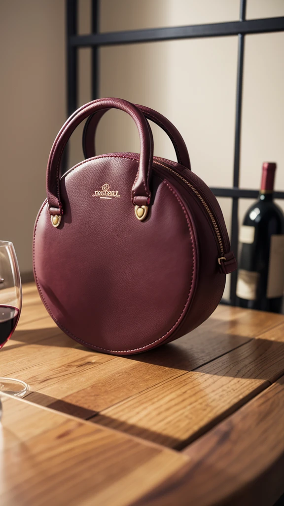 Some round glasses on a table, a wine red bag