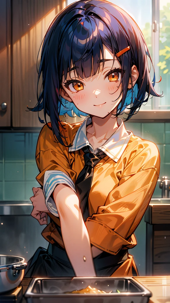 1 girl、Anime Images、Kitchen in the morning、Delicious food、shrimp、Shiny dark blue hair、Short Bob Hairstyles、Tie your hair with an orange hair clip、Beautiful brown eyes、smile、Upper body close-up、Sharp contours、Background Blur、Written boundary depth