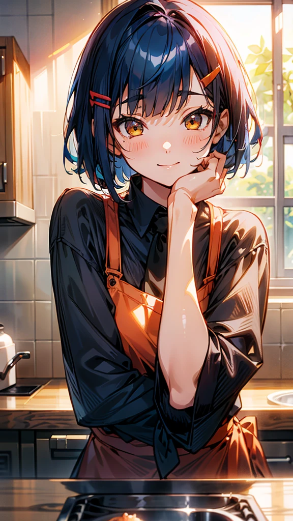 1 girl、Anime Images、Kitchen in the morning、Delicious food、shrimp、Shiny dark blue hair、Short Bob Hairstyles、Tie your hair with an orange hair clip、Beautiful brown eyes、smile、Upper body close-up、Sharp contours、Background Blur、Written boundary depth