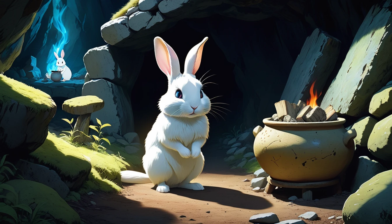 A breathtaking 3D anime-inspired scene of a Dark cave. in the vast open space inside the cave, there are some strange small animals in the cave, and A charming little white rabbit was standing in the middle of the clearing, looking at a white mouse, and the white mouse looked at the little white rabbit. The little white rabbit has white fur, with expressive eyes and a fluffy tail, wears a light blue vest. The white rabbit's expression was relaxed. The white mouse has a white fur, lovely eyes, happy expression. on the left side of the ground there is a pile of firewood burning, on the pile of firewood there is a large pottery pot, the pottery pot emits blue light, on the opposite side of the pottery pot there is a stone table, next to two stone benches. Symbols were carved into the rock wall to the right of the vast open space, and a row of small clay POTS lay beneath it. Moss glowed greenish-yellow on the rocks, and the greenish-yellow light was reflected everywhere in the cave. The atmosphere is enchanting, blending mystery and tranquility, while the high-definition rendering and detailed textures create an immersive experience., cinematic, anime, vibrant, 3d render