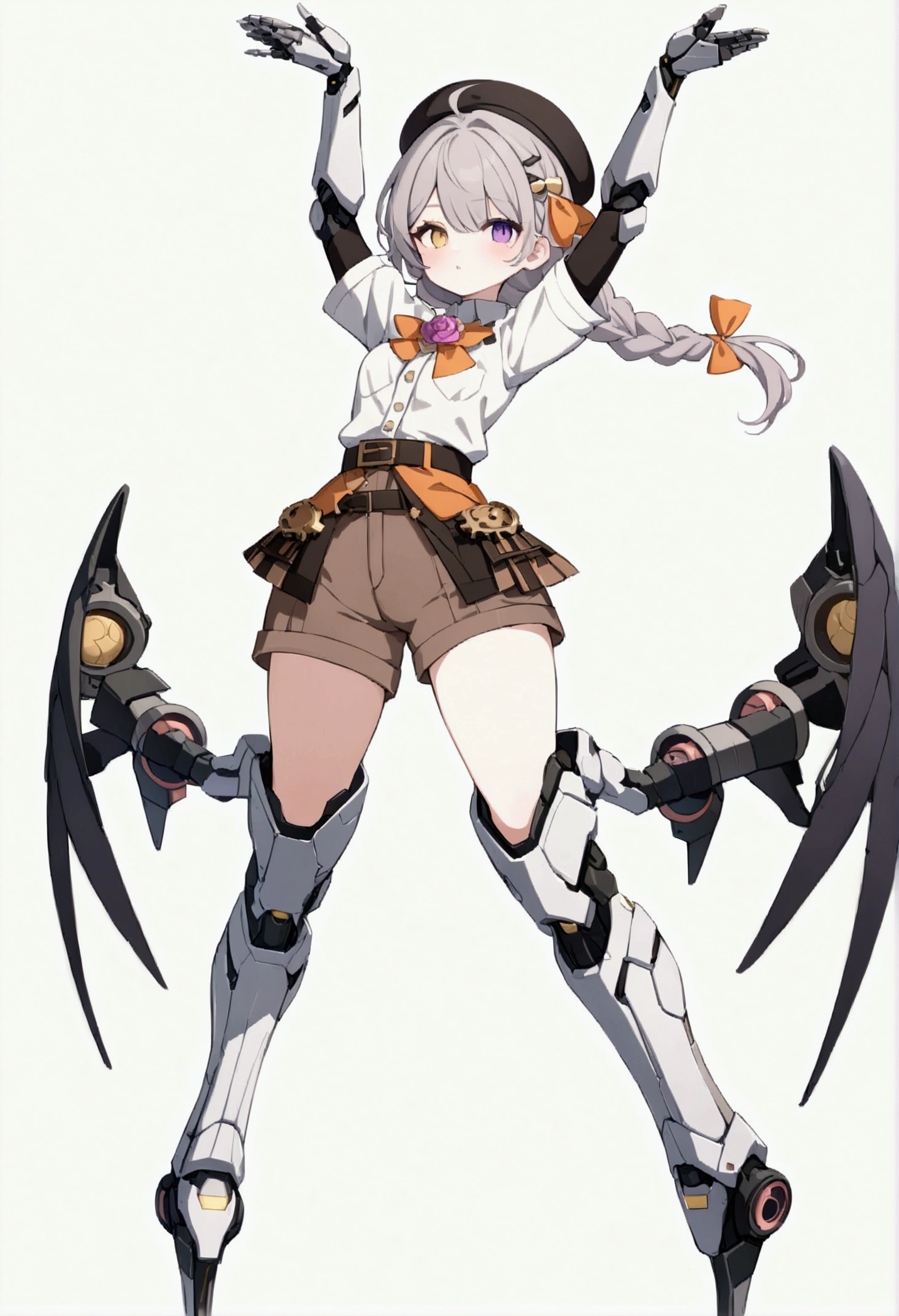 woman 165cm tall, slim build, , charming look, ((heterocromia: look like, derecho naranja y look like izquierdo violeta)), (Shoulder Length Wavy Gray Hair, a short braid on the left side of the hair, big open bangs, golden gear hairpin in hair), (((complex mechanical legs up to the hip, The legs are black with gray parts with small pink details))), (((complex mechanical arms up to the elbows, The arms are black with gray parts with small pink details))), (complex white mechanical angel wings with pastel green parts), (elegant black French beret with an orange rose ribbon), (stylish white short sleeve button down shirt, brown shorts from the waist, elegant black belt, small rose brooch on the neck, beautiful mechanical stiletto heels), (((character design sheet: Front view))), (((Whole body))), extremely detailed beautiful hair, beautiful detailed clothing, extremely detailed arms, extremely detailed face, (Extremely detailed hands), perfect hands, small face, hermosos look likes detallados, beautiful detailed lips, adorable, extremely detailed legs, (Best Quality, 8k, ultra resolution), ultra detailed, Exquisite and epic character art, ((Pastel yellow background)), (Focus on symmetry), (extremely detailed wings).