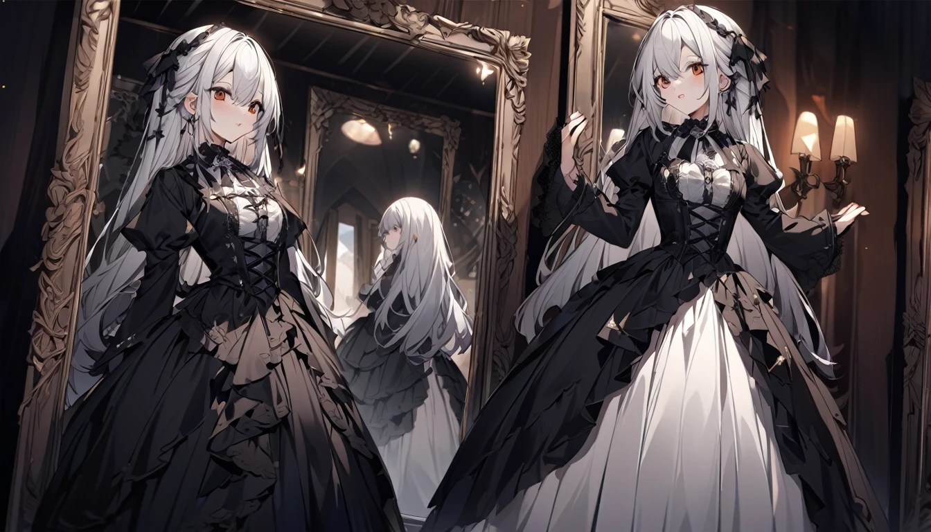 mysterious。White Hair Girl。Detailed Background。鏡の世界にいるWhite Hair Girlが、A scene where you face another version of yourself in the mirror。In the background, a mysterious landscape is reflected in the mirror.。Gothic Costume。