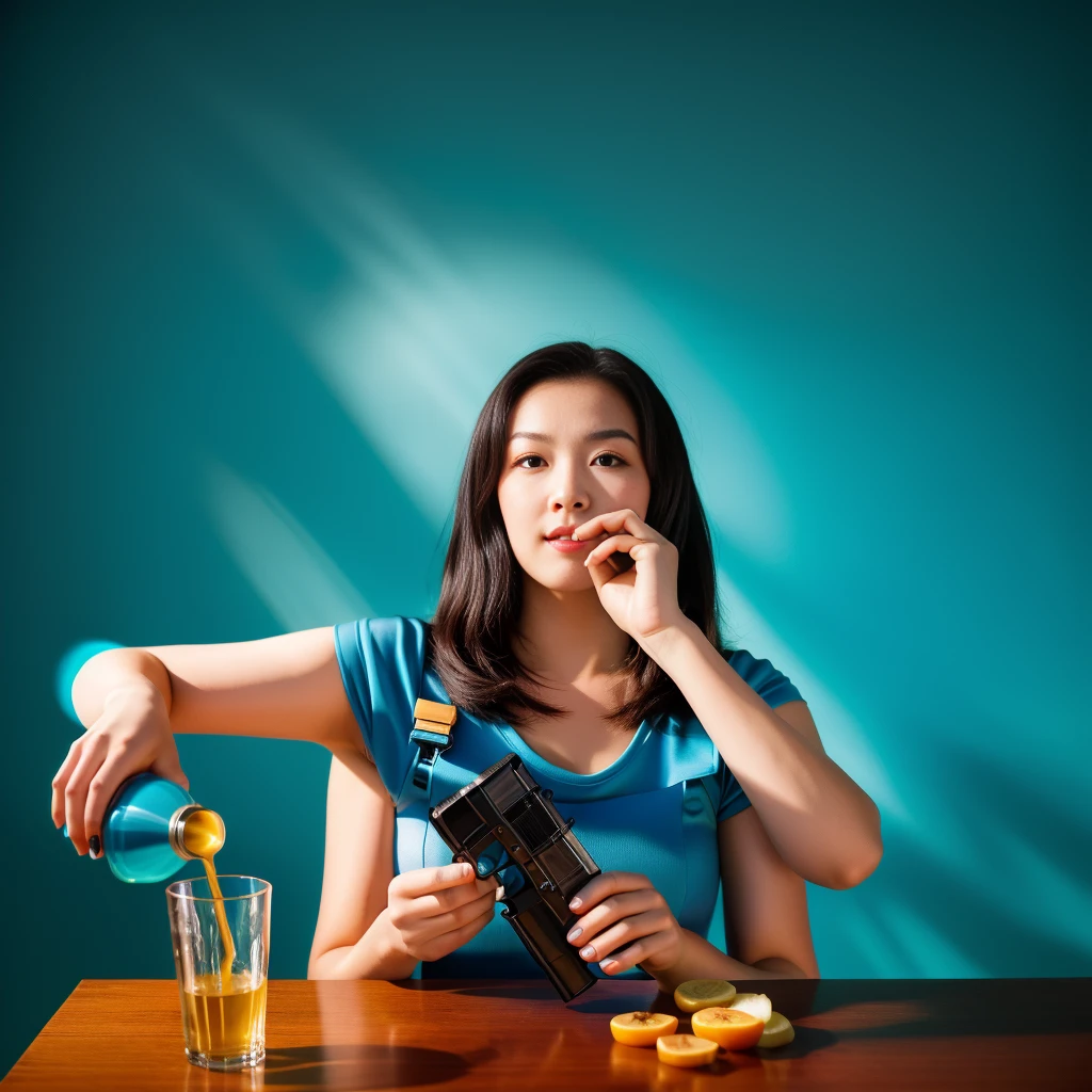 extra weapons, A woman poses for a photo, Blue Dress, curvy arms, Long hair, Black Hair, have, Incredibly beautiful, Strong posture, very beautiful, Put your arms to the side, 4 arms, curvy arms, Multi-arm, Axillary and shoulder fusion, Normal hand, fit, The same face, 21 years old, Upper body shooting, Korean