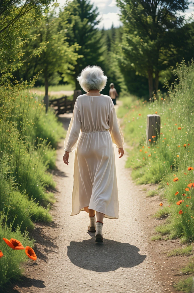 60 year old woman,happy, through the long pipe, with baggy yellow loose dress, fescalza, walking on a poppy path, with rustic cabins, stone bridge and sunny atmosphere 