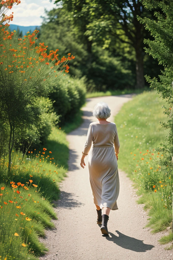 60 year old woman,happy, through the long pipe, with baggy yellow loose dress, fescalza, walking on a poppy path, with rustic cabins, stone bridge and sunny atmosphere 