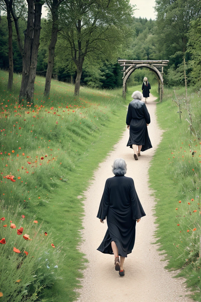 60 year old woman,happy, through the long pipe, with baggy yellow loose dress, fescalza, walking on a poppy path, with rustic cabins, stone bridge and sunny atmosphere 