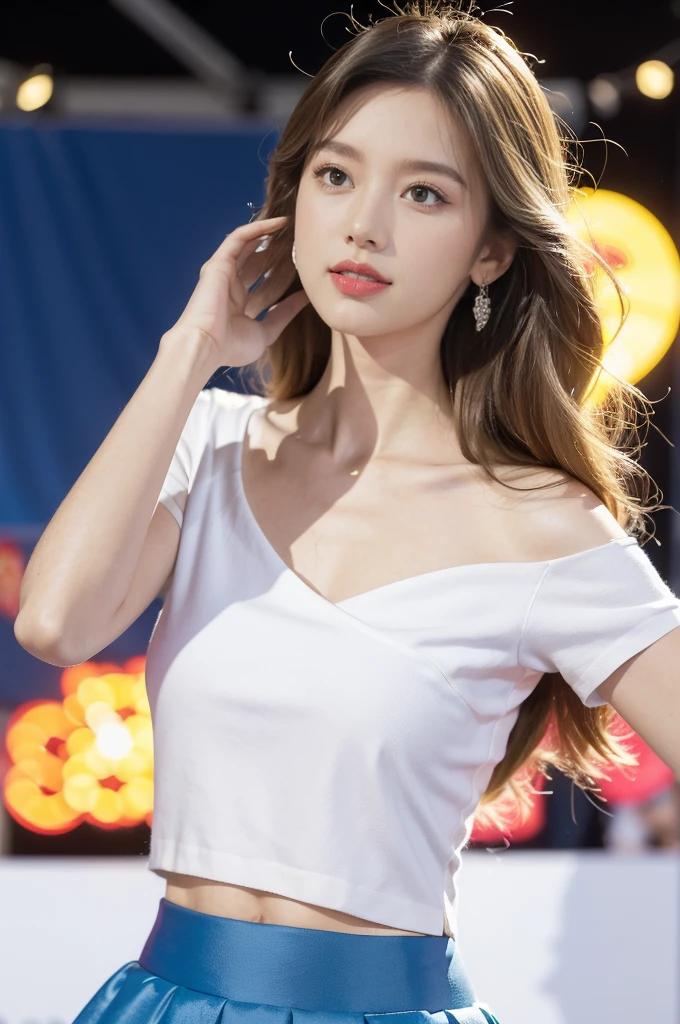 (((best quality))),(((ultra detailed))),(((masterpiece))),illustration,((a beautiful girl,solo)),((slim,thin)),((small breasts,flat chest,claviclis,navel)),(blue short-sleeved white shirt:1.5),(blue mini-skirt:1.3),(slender legs:1.2),(standing:1.3),(on the stage:1.3),((outside a shopping mall, at the entrance of a beer promotional event)),((surrounded by crowded crowds)),((her hair and the edges of her skirt fluttering in the air)),hair flows freely in the wind,fluttering skirt,expressive eyes,infectious smile,the stage adorned with colorful decorations,vibrant atmosphere,(night scene:1.3),(from front:1.3),(arms behind back:1.3),(upper body:1.3),