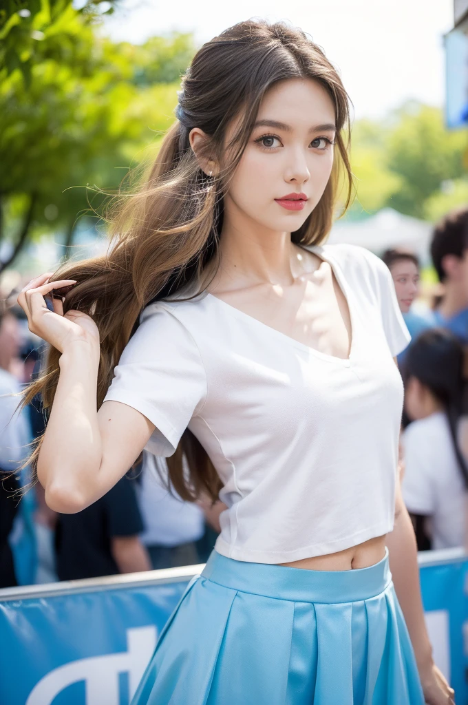 (((best quality))), (((ultra detailed))), (((masterpiece))), illustration,((a beautiful girl,solo)),((slim,thin)),((small breasts,flat chest,claviclis,navel)),(blue short-sleeved white shirt:1.5),(blue mini-skirt:1.3),(slender legs:1.2),dancing,((on a stage,outside a shopping mall, at the entrance of a beer promotional event,on the street)), ((surrounded by crowded crowds)),((her hair and the edges of her skirt fluttering in the air)), the girl's attire reflecting the vibrant spirit of summer, a sense of youthful charm and confidence exuding from her, her hair flows freely in the wind, the fluttering skirt accentuating her graceful movements, her expressive eyes and infectious smile drawing people closer, the stage adorned with colorful decorations, the vibrant atmosphere enhanced by the enthusiasm of the crowd, onlookers of various ages captivated by her performance, clapping, cheering, and taking photos, the girl's graceful dance transforming the ordinary streets into a vibrant and lively venue, her energy and charisma captivating the audience, the scene encapsulating the spirit of summer and the beauty of artistic expression,(night scene:1.3),(from front:1.3)
