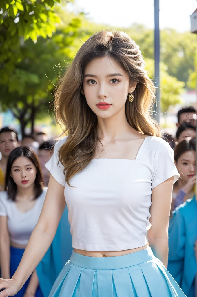 (((best quality))), (((ultra detailed))), (((masterpiece))), illustration,((a beautiful girl,solo)),(shoulder length straight hair:1.2),((slim,thin)),((small breasts,flat chest,claviclis,navel)),(blue short-sleeved white shirt:1.5),(blue mini-skirt:1.3),(slender legs:1.2),(standing:1.3),(on a stage:1.3),((outside a shopping mall, at the entrance of a beer promotional event)), ((surrounded by crowded crowds)),((her hair and the edges of her skirt fluttering in the air)), the girl's attire reflecting the vibrant spirit of summer, a sense of youthful charm and confidence exuding from her, her hair flows freely in the wind, the fluttering skirt accentuating her graceful movements, her expressive eyes and infectious smile drawing people closer, the stage adorned with colorful decorations, the vibrant atmosphere enhanced by the enthusiasm of the crowd, onlookers of various ages captivated by her performance, clapping, cheering, and taking photos, the girl's graceful dance transforming the ordinary streets into a vibrant and lively venue, her energy and charisma captivating the audience, the scene encapsulating the spirit of summer and the beauty of artistic expression,(night scene:1.3),(from front:1.3),(upper body:1.3)