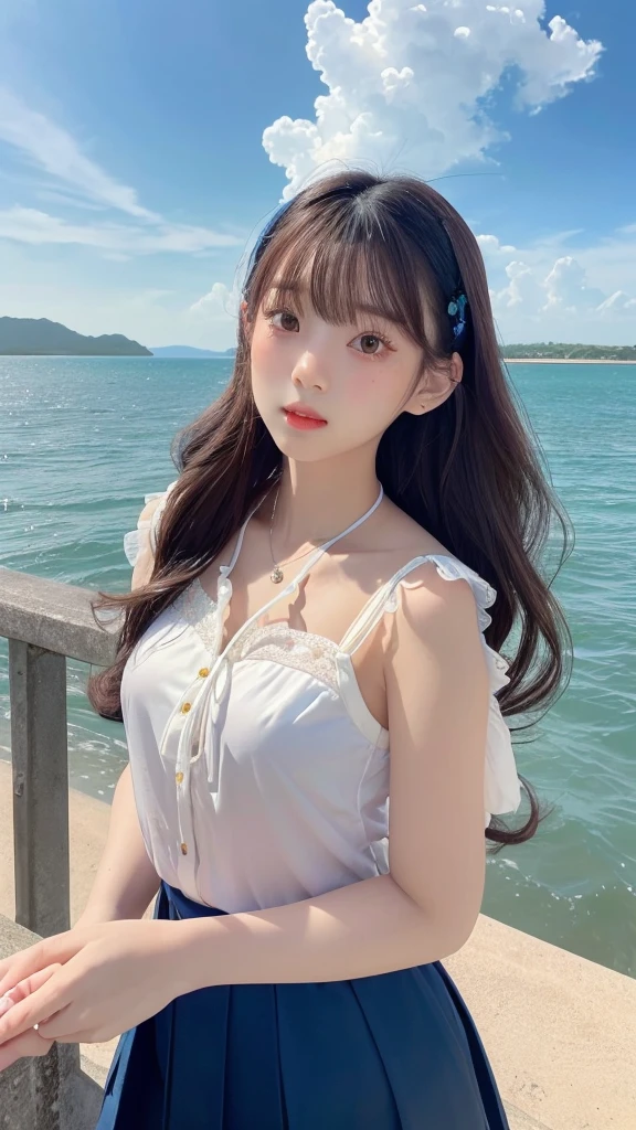 masterpiece,((Clear lines)), Limited edition palette,Highest quality, Flat Color, Low contrast, ((One girl)),(((Very delicate and beautiful girl))),(Beautifully detailed face),(Beautiful attention to detail),{Long Hair},Flower Hair Ornaments,((Middle chest)),Long black hair,Hair Ribbon,Sexy Sailor Suit , Are standing,((View your viewers:1.6)), View from below,Beautifully detailed skies,Bright sky,Cumulonimbus,sunlight, (Detailed Light),Lighting,colorful,Ocean,江ノ島 Beach, bridge,The way to school,Skyscraper,
