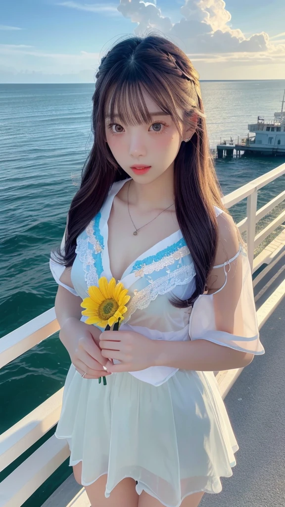 masterpiece,((Clear lines)), Limited edition palette,Highest quality, Flat Color, Low contrast, ((One girl)),(((Very delicate and beautiful girl))),(Beautifully detailed face),(Beautiful attention to detail),{Long Hair},Flower Hair Ornaments,((Middle chest)),Long black hair,Hair Ribbon,Sexy Sailor Suit , Are standing,((View your viewers:1.6)), View from below,Beautifully detailed skies,Bright sky,Cumulonimbus,sunlight, (Detailed Light),Lighting,colorful,Ocean,江ノ島 Beach, bridge,The way to school,Skyscraper,
