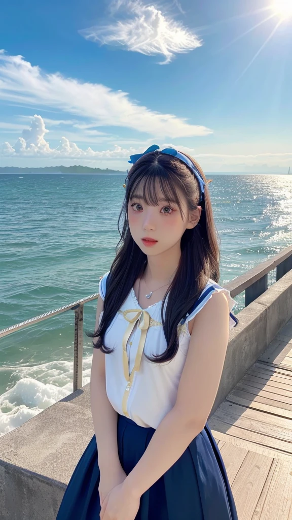 masterpiece,((Clear lines)), Limited edition palette,Highest quality, Flat Color, Low contrast, ((One girl)),(((Very delicate and beautiful girl))),(Beautifully detailed face),(Beautiful attention to detail),{Long Hair},Flower Hair Ornaments,((Middle chest)),Long black hair,Hair Ribbon,Sexy Sailor Suit , Are standing,((View your viewers:1.6)), View from below,Beautifully detailed skies,Bright sky,Cumulonimbus,sunlight, (Detailed Light),Lighting,colorful,Ocean,江ノ島 Beach, bridge,The way to school,Skyscraper,
