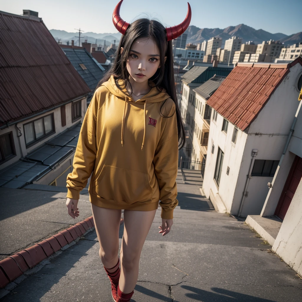 Succubus, red skin, small horns, yellow eyes, long black hair, red hoodie, walking on the roof