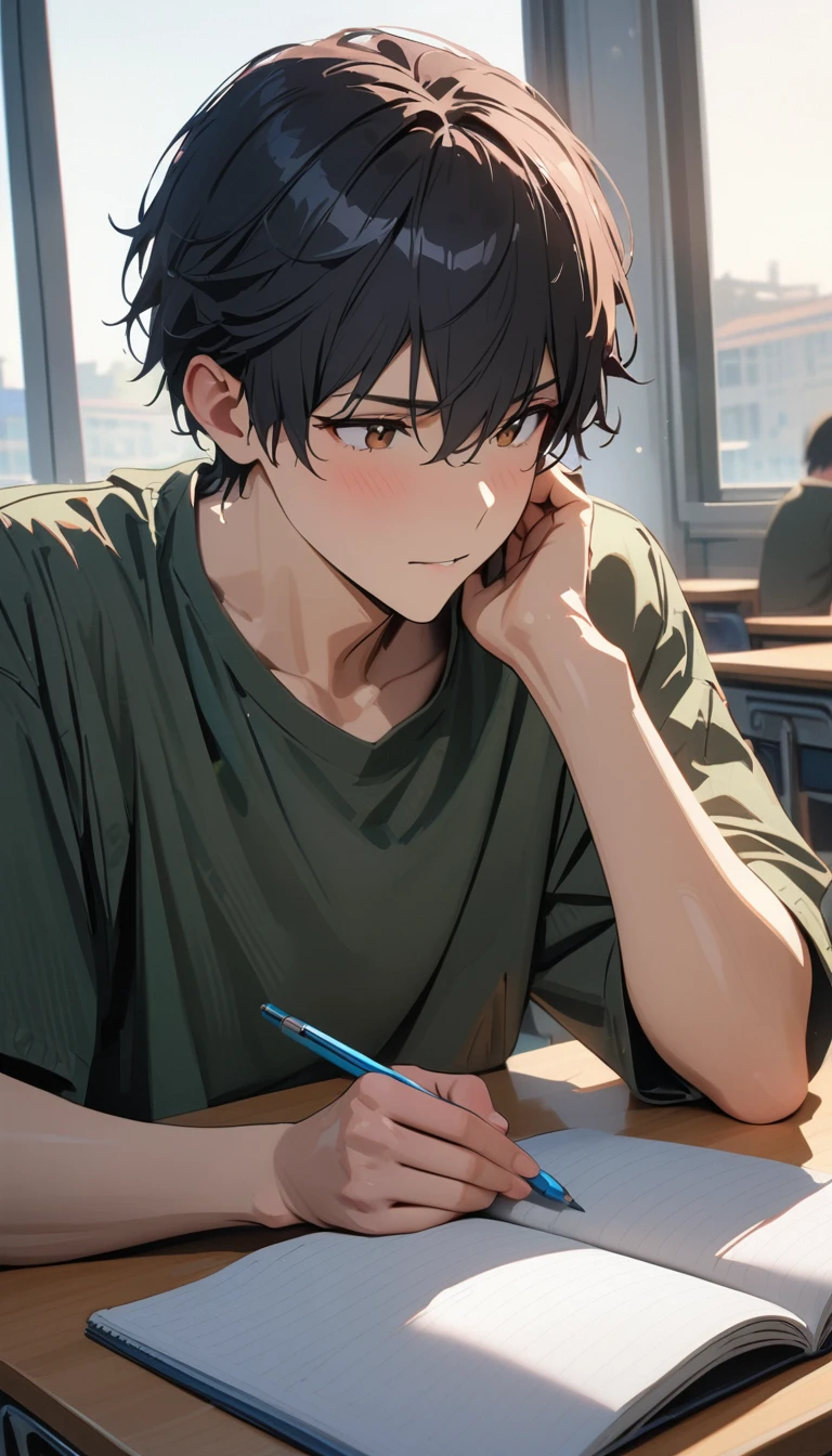 modern, Verism, masterpiece, textured skin, (super detail, best quality:1.2), 4K,One good young man,Black short hair,Taking classes at a university,is writing in a notebook on the desk,right handed,Sitting,In the university classroom.