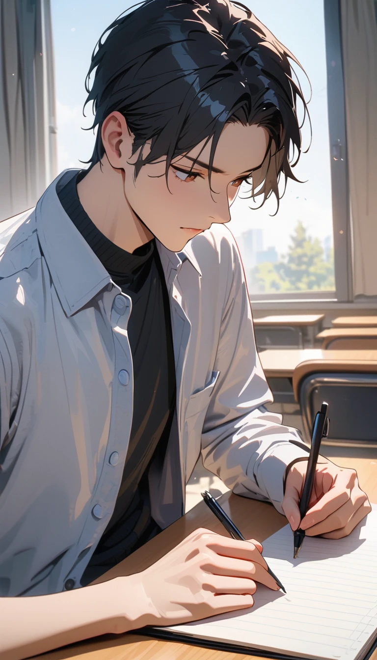 modern, Verism, masterpiece, textured skin, (super detail, best quality:1.2), 4K,One good young man,Black short hair,Taking classes at a university,is writing in a notebook on the desk,right handed,Sitting,In the university classroom.