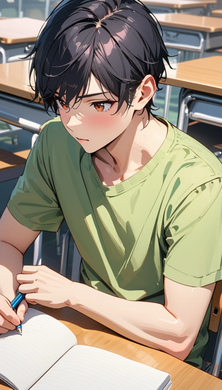 modern, Verism, masterpiece, textured skin, (super detail, best quality:1.2), 4K,One good young man,Black short hair,Taking classes at a university,is writing in a notebook on the desk,right handed,Sitting,In the university classroom.
