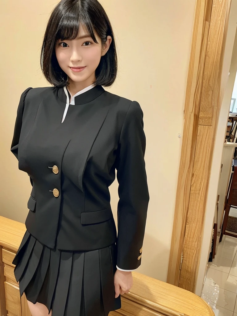 Highest quality、masterpiece、8k、Very detailed、Realistic、Looking at me with a smile、whole body、Black Hair、Short Hair、Small face、Slender、(Very large breasts:1.2)、Thin and beautiful legs、narrow and constricted waist,、(Tight reception uniform:1.2)、Black jacket、Black short tight skirt