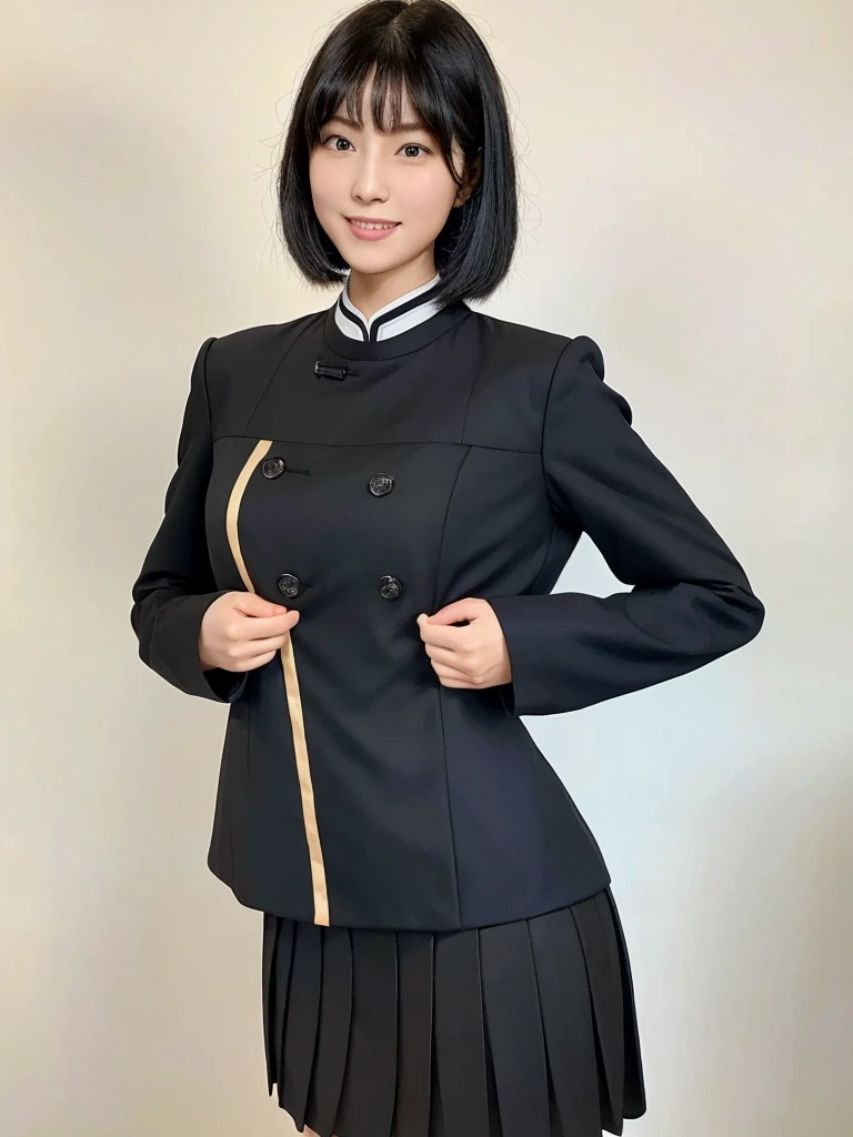 Highest quality、masterpiece、8k、Very detailed、Realistic、Looking at me with a smile、whole body、Black Hair、Short Hair、Small face、Slender、(Very large breasts:1.2)、Thin and beautiful legs、narrow and constricted waist,、(Tight reception uniform:1.2)、Black jacket、Black short tight skirt
