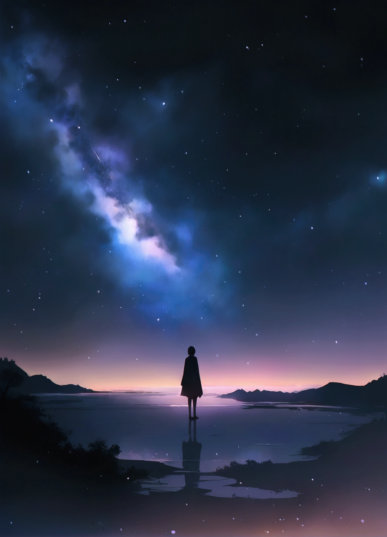 masterpiece, Anime quality, Painting:Xin Haicheng, Night Sky, comet、Background only、Nohuman