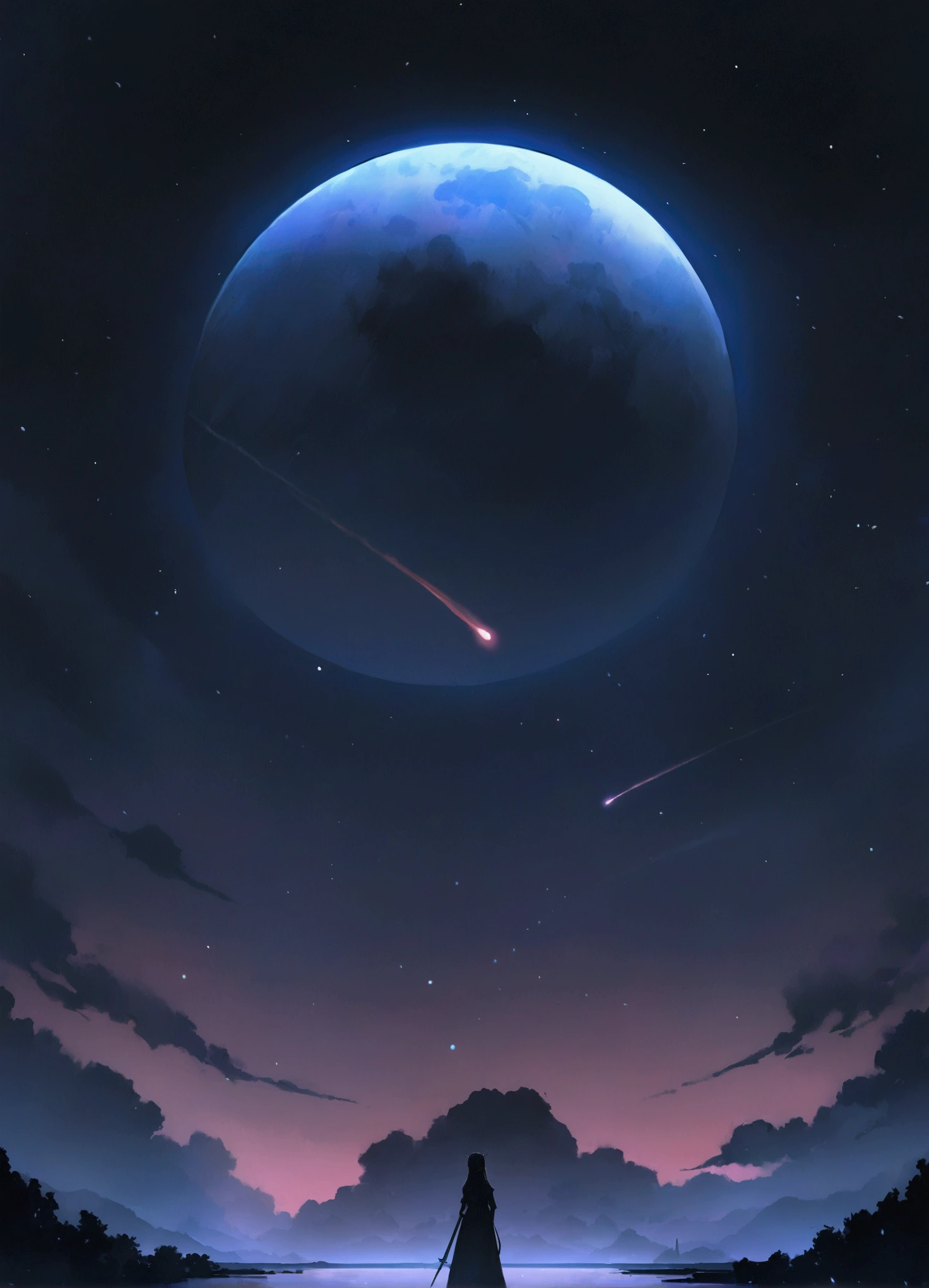 masterpiece, Anime quality, Painting:Xin Haicheng, Night Sky, comet、Background only、Nohuman