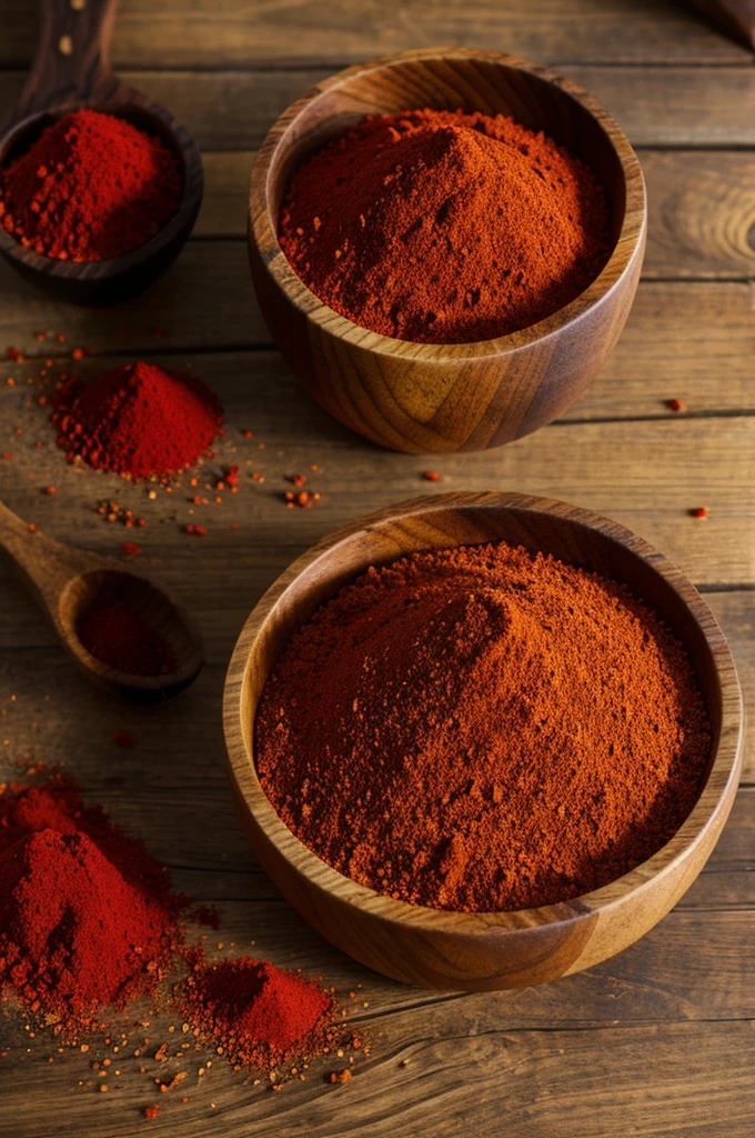 Red chili powder & red chili with chili leafs in wooden cup for label