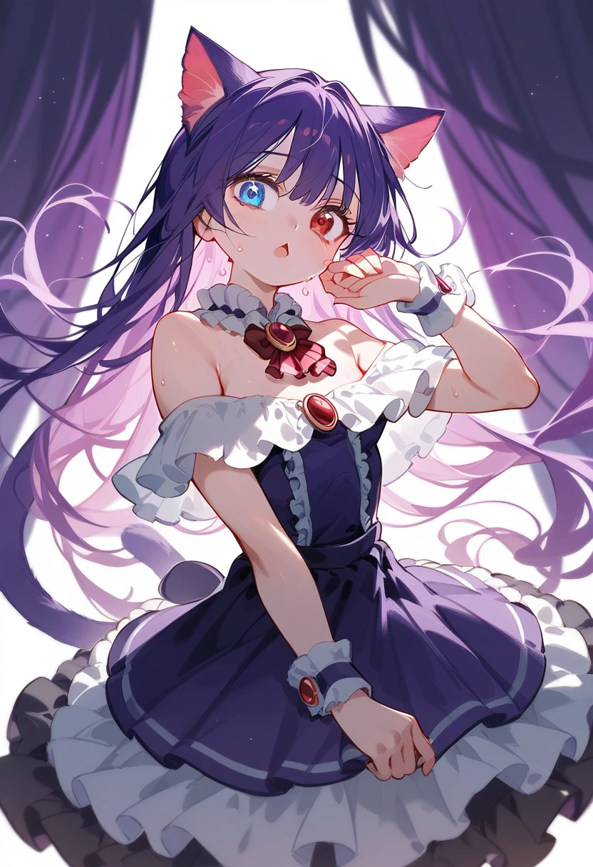 score_9, score_8_up,score_7_up,cute,magical_girl,off shoulder,(12 years old),layered_frilles,, (white frilled_clothes ), Heterochromia,Red eyes,Blue Eyes, Black long hair, ((ruffle-skirt, multilayer-skirt):1.3),(frilled kneehighs),wrist cuffs,looking_at_viewer,(ruby brooch), nipples,shame,sweating,open_mouth,Cat ears,lol,Love,(Purple theme)