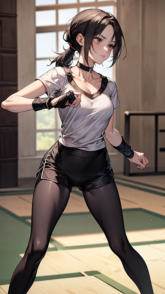 ((Highest quality)), ((masterpiece)), (detailed)　｛{{Slender female martial arts instructor}}｝　Shorts　{{Décolletage}}　{{White short-sleeved T-shirt with long length}}　Mature Woman　((Combat Stance))　Long fingerless gloves　Black tights　{{Inside the dojo}}　Black Hair　ponytail　((Leggings with integrated shorts))　clavicle　choker