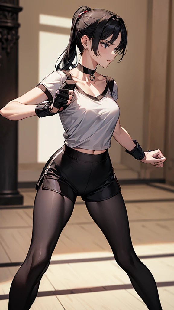 ((Highest quality)), ((masterpiece)), (detailed) {{{Slender female martial arts instructor}}} Shorts {{Décolletage}} {{White short-sleeved T-shirt with long length}} Mature Woman ((Combat Stance)) Long fingerless gloves Black tights {{Inside the dojo}} Black Hair ponytail ((Leggings with integrated shorts)) clavicle choker