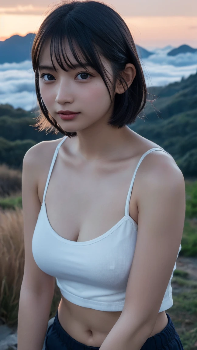  (Realistic:1.3), RAW Photos, (Nature landscape photography), (Majestic Mountain々The summit of the, sea of clouds), (とても大きな山The summit of the), (sunset), (One Girl), (Upper Body), (20-year-old), (smile:0.9), (Glowing Skin), (short hair, Dark brown hair), (White camisole), (Cargo shorts),  (Ultra detailed face),  (Highly detailed eyes), (Highly detailed nose), (Highly detailed mouth), (Very skilled hands), (Super-detailed body), Sony a7, 85mm lens, f9.0, Pan Focus