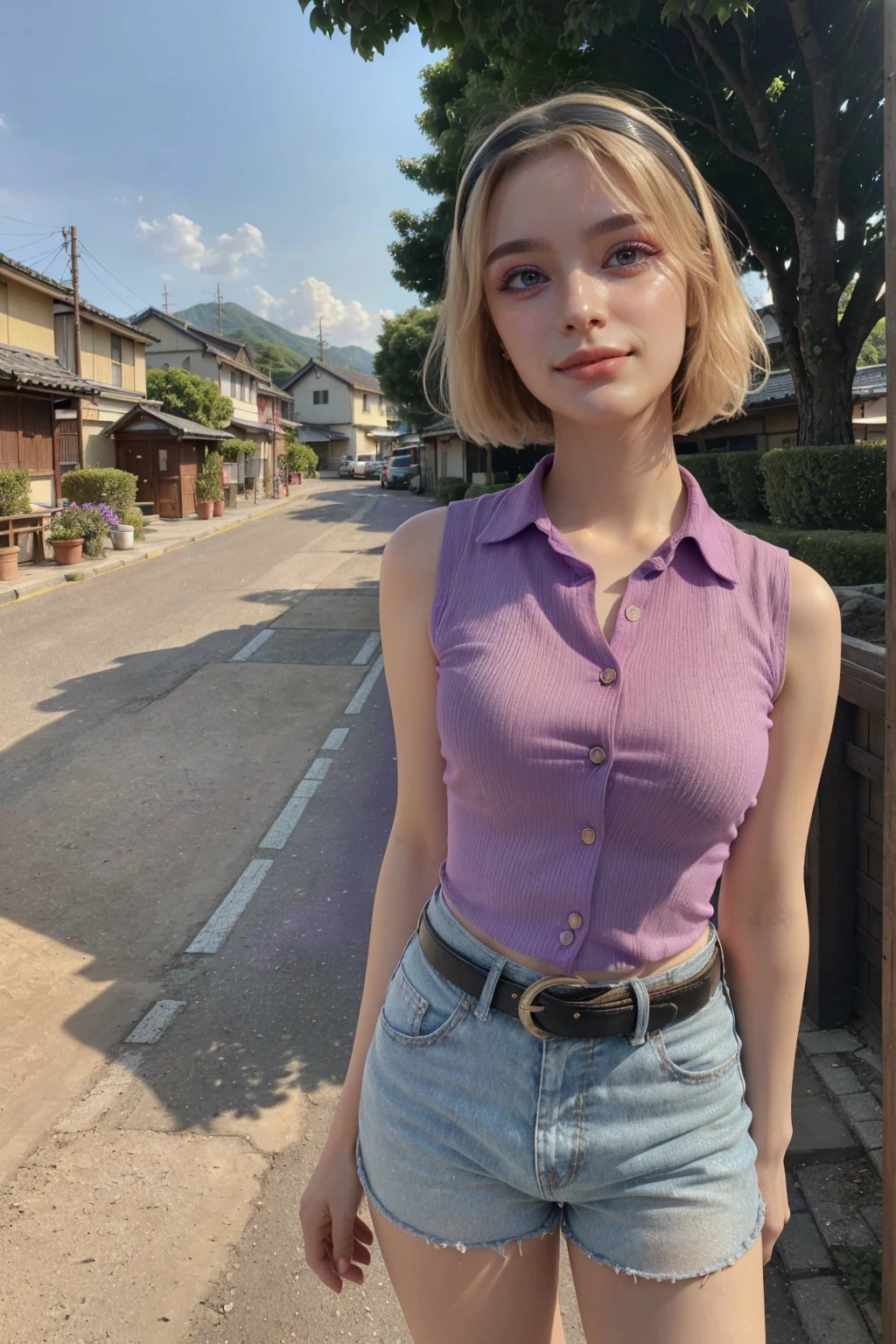 1 woman, grown woman, woman in her 30s, tarankaaa, NOT DASHA TARAN, full body standing, perfect body, best quality, 32k, photograph, full body (head to toe), tone mapping, ((houjou satoko,short hair,black hairband,blonde hair,violet eyes,hair between eyes,collared shirt,sleeveless shirt,pink shirt,shirt tucked in,small breasts,belt,short shorts,blue shorts,white socks,pink footwear, athletic, big woman)), asian-european, ((golden blonde hair, short hair, purple eyes)) perfectly drawn hands, ((masterpiece)), ((highres)), ((detailed background)), japanese village background, next to a river, (big proportions), cute pose, smiling, ((perfect eyes, detailed eyes, realistic eyes)), ((sharp face, detailed face, realistic face, natural skin, realistic skin, detailed skin, pores)), 