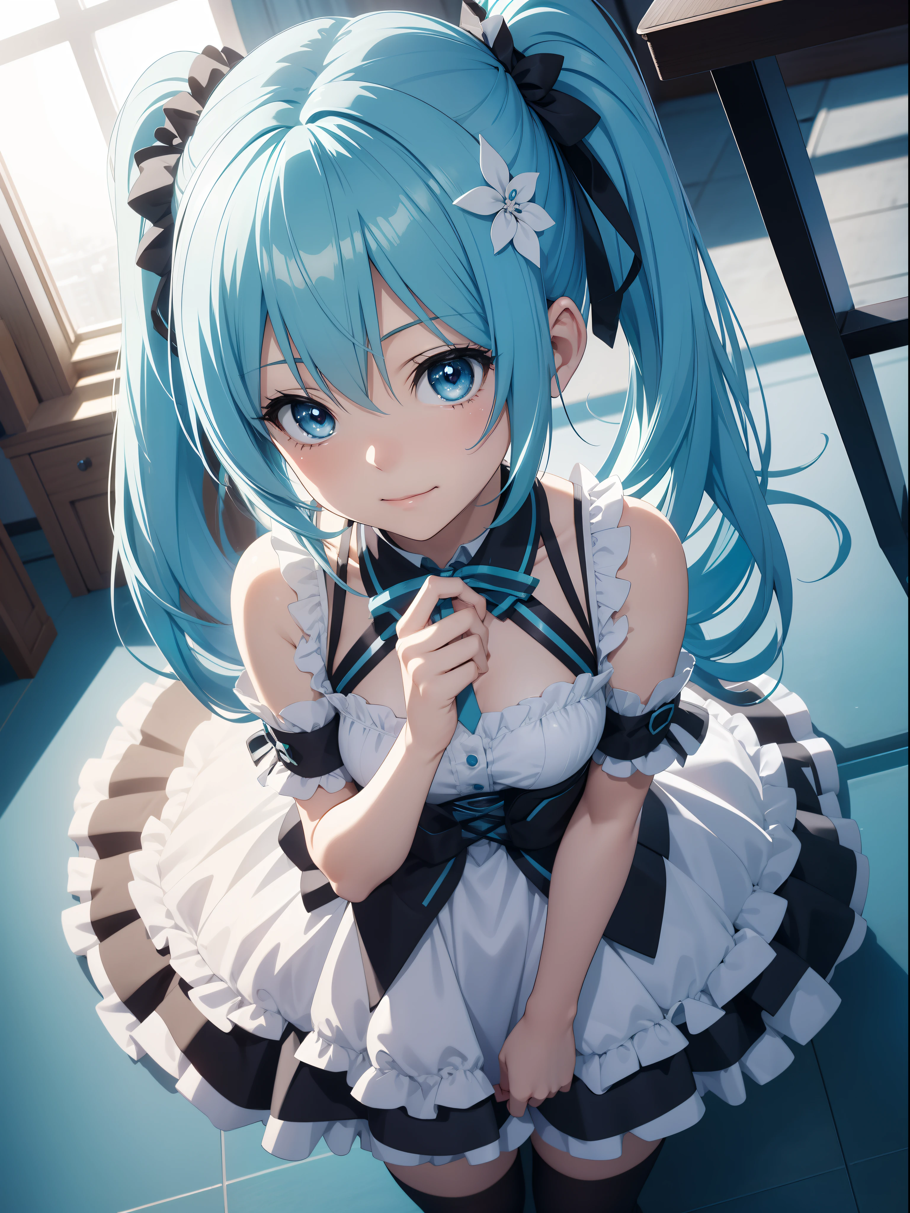 Official Art、Highest quality ultra-detailed CG art、miku hatsune:1.2)、Blue Hair、Cheerful girl、Maid、Super cute、about、Twin tails、smile、Bobcut、turn around、From above