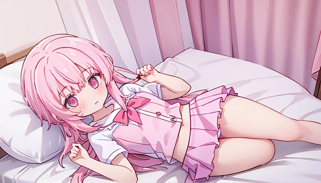 1girl,pink hair, pink eyes with love, detailed eyes, straight hair, straight bangs, shiny hair,
,red bowtie,purple skirt,purple shirt,pleated skirt,short sleeves,looking at viewer, high-definition,masterpiece,best quality, masterpiece, best quality, high resolution, aabeta, double, white bedroom background, sitting on a pink bed, slim waist, cute, sailor uniform (PastelColors: 1.3) 