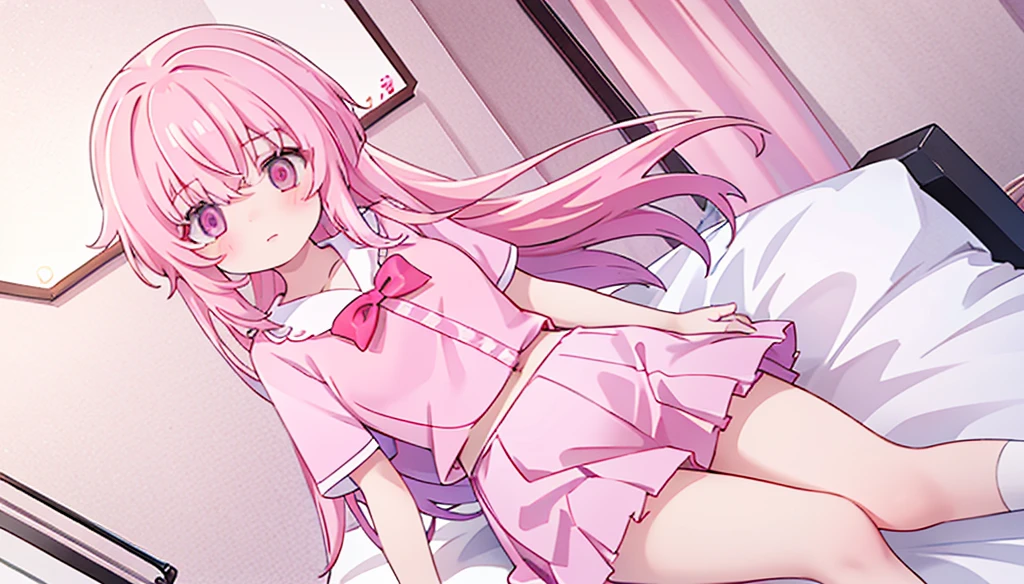 1girl,pink hair, pink eyes with love, detailed eyes, straight hair, straight bangs, shiny hair,
,red bowtie,purple skirt,purple shirt,pleated skirt,short sleeves,looking at viewer, high-definition,masterpiece,best quality, masterpiece, best quality, high resolution, aabeta, double, white bedroom background, sitting on a pink bed, slim waist, cute, sailor uniform (PastelColors: 1.3)