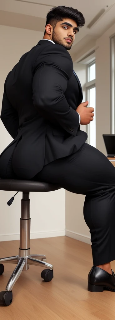 4 meter tall slightly overweight indian men. 20 years old. Childish Young hairless fresh face. In london with friend. Very sexy Posing for camera. Muscular. Wearing a tight black and office suit . Big ass. Smooth body and face. Belly seen. Long long legs. Sitting on chair. View from the back.