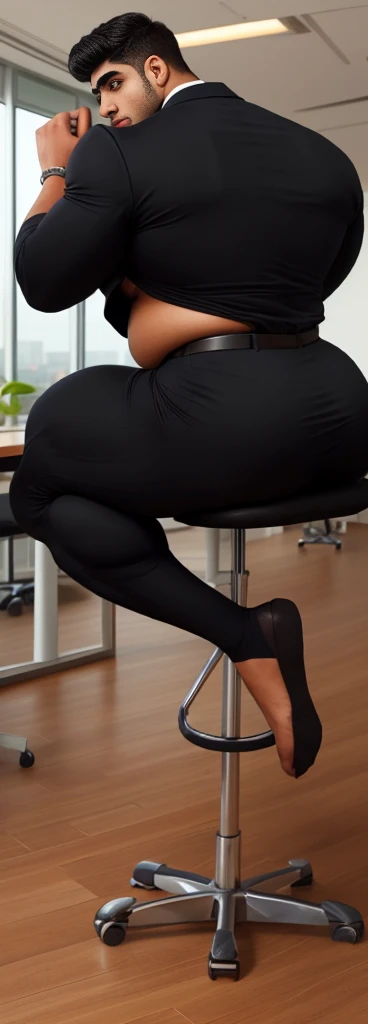 4 meter tall slightly overweight indian men. 20 years old. Childish Young hairless fresh face. In london with friend. Very sexy Posing for camera. Muscular. Wearing a tight black and office suit . Big ass. Smooth body and face. Belly seen. Long long legs. Sitting on chair. View from the back.