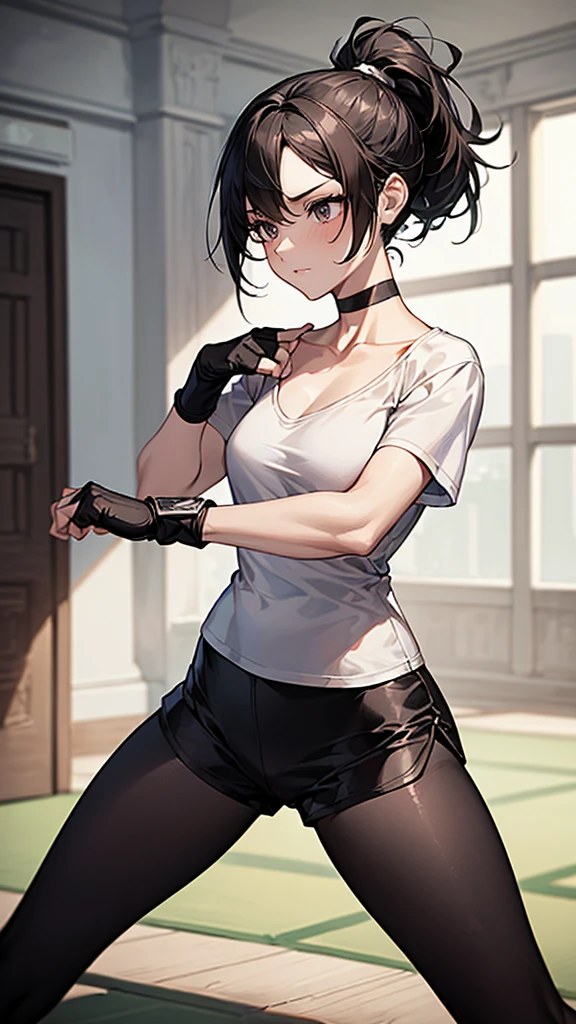 ((Highest quality)), ((masterpiece)), (detailed)　｛{{Slender female martial arts instructor}}｝　Shorts　{{Décolletage}}　{{White short-sleeved T-shirt with long length}}　Mature Woman　((Combat Stance))　Long fingerless gloves　Black tights　{{Inside the dojo}}　Black Hair　ponytail　((Leggings with integrated shorts))　clavicle　choker