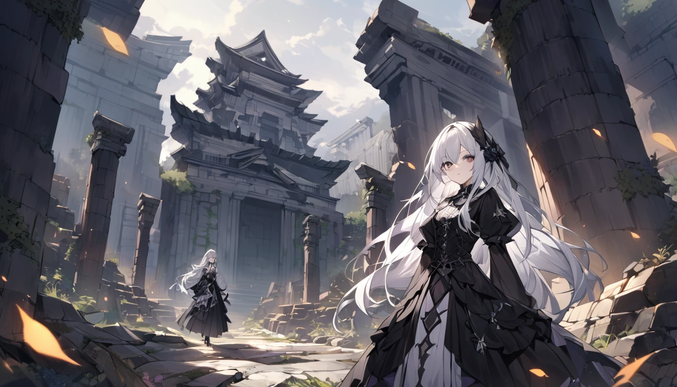 mysterious。White Hair Girl。Detailed Background。古代のmysteriousな武器を手にするWhite Hair Girlが、The scene where he tries to release his power。In the background are ancient temples and ruins。Gothic Costume。