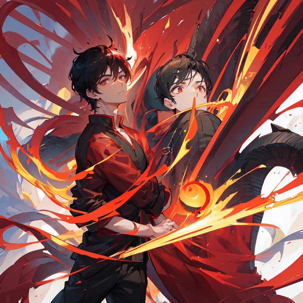 A handsome guy,male,Chinese style,Shenlong,Black short hair,Red clothes,((Pure red background))