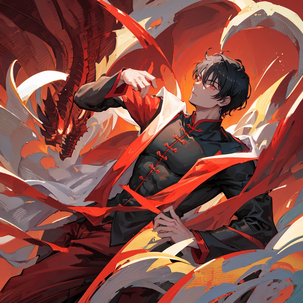 A handsome guy,male,Chinese style,Shenlong,Black short hair,Red clothes,((Pure red background))