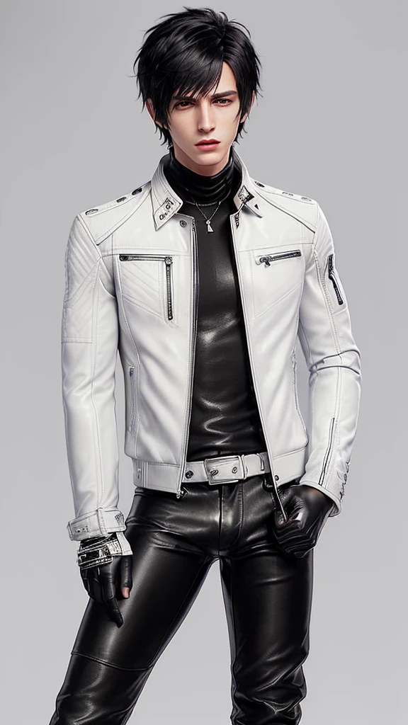 Final fantasy taste and reality graphics, Japanese young cute and cool ikemen  boy, his age is early 20s, thin eyebrows and beady eyes,  ((he wearing off white color leather  thick material jacket)), ((jacket is singlebrest)), biker style jacket, with epaulet, jacket is long sleeve, ((must close the front of the leather jacket)), , ((voluminous leather jacket)), ,((must jacket is high length and stand-up collar)) ((jacket collar with two belts)), ((jacket is a little black color line pattern)),((close the front of the jacket)), ((also wearing black thick material turtleneck lackluster shirts)),  ((tight black leather pants)),  ((black leather tight and thin glove)), ((black leather knee-high raceup boots)),((must views  head-to-toe)),((must views whole body)), ,((Do not show skin from the neck down)),leather jacket leather glove and leather pants have few wrinkles, Avoid showing your innerwear,zip up jacket fastner.must put on a leather glove.
Bous face is expression of ecstasy.
Boy is black hair.boy looks like fashion model.
