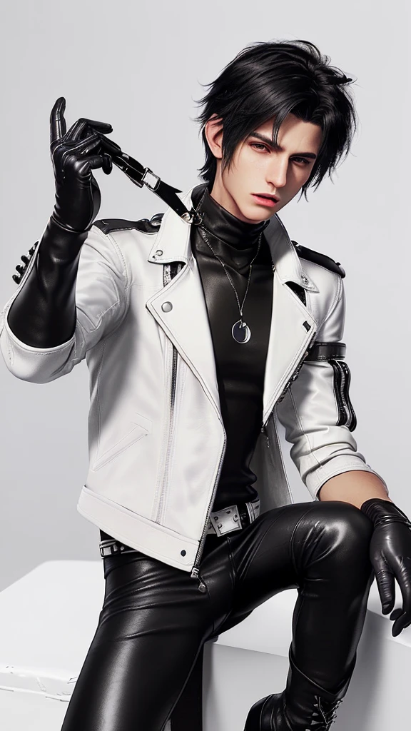 Final fantasy taste and reality graphics, Japanese young cute and cool ikemen boy, his age is early 20s, thin eyebrows and beady eyes, ((he wearing off white color leather thick material jacket)), ((jacket is singlebrest)), biker style jacket, with epaulet, jacket is long sleeve, ((must close the front of the leather jacket)), , ((voluminous leather jacket)), ,((must jacket is high length and stand-up collar)) ((jacket collar with two belts)), ((jacket is a little black color line pattern)),((close the front of the jacket)), ((also wearing black thick material turtleneck lackluster shirts)), ((tight black leather pants)), ((black leather tight and thin glove)), ((black leather knee-high raceup boots)),((must views head-to-toe)),((must views whole body)), ,((Do not show skin from the neck down)),leather jacket leather glove and leather pants have few wrinkles, Avoid showing your innerwear,zip up jacket fastner.must put on a leather glove.
Bous face is expression of ecstasy.
Boy is black hair.boy looks like fashion model.