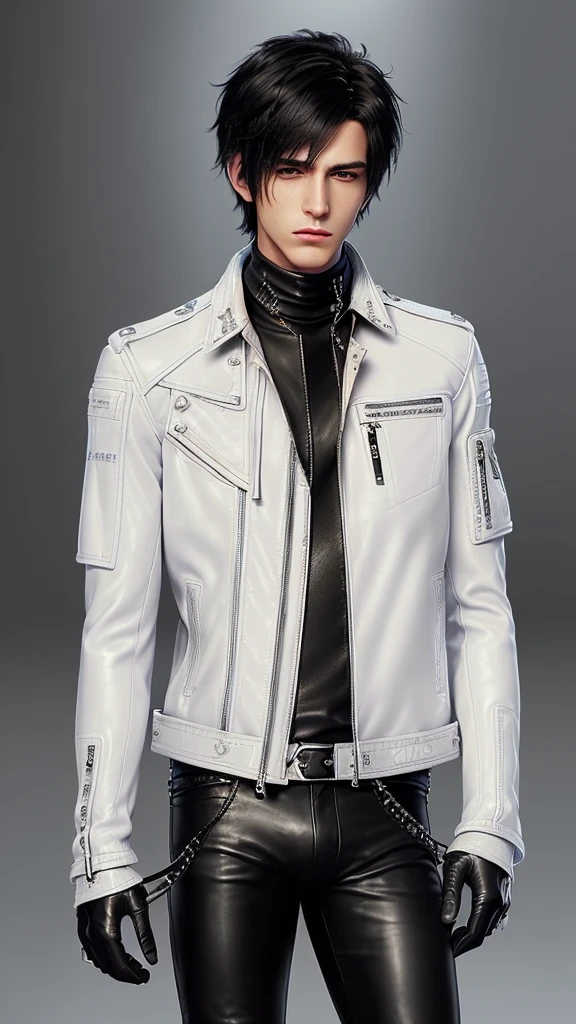 Final fantasy taste and reality graphics, Japanese young cute and cool ikemen boy, his age is early 20s, thin eyebrows and beady eyes, ((he wearing off white color leather thick material jacket)), ((jacket is singlebrest)), biker style jacket, with epaulet, jacket is long sleeve, ((must close the front of the leather jacket)), , ((voluminous leather jacket)), ,((must jacket is high length and stand-up collar)) ((jacket collar with two belts)), ((jacket is a little black color line pattern)),((close the front of the jacket)), ((also wearing black thick material turtleneck lackluster shirts)), ((tight black leather pants)), ((black leather tight and thin glove)), ((black leather knee-high raceup boots)),((must views head-to-toe)),((must views whole body)), ,((Do not show skin from the neck down)),leather jacket leather glove and leather pants have few wrinkles, Avoid showing your innerwear,zip up jacket fastner.must put on a leather glove.
Bous face is expression of ecstasy.
Boy is black hair.boy looks like fashion model.