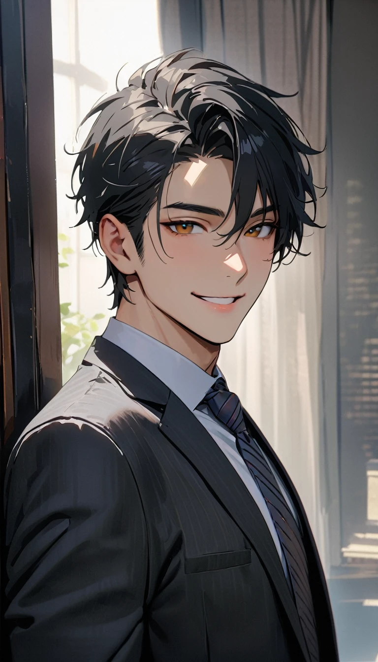 20 years old, modern, Verism, masterpiece, textured skin, super detail, best quality, 4K,A handsome man with short black hair is wearing a charcoal gray suit. He has a kind and sincere smile.