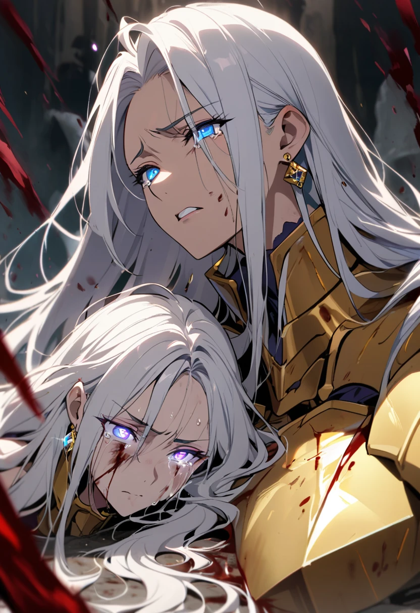 woman, blue eyes, long hair, white hair, mature, god eyes, diamond earings, glowing right eyes, two colors eyes, purple eyes, golden armor, injured, blood, dead, tears, glowing eyes, determination