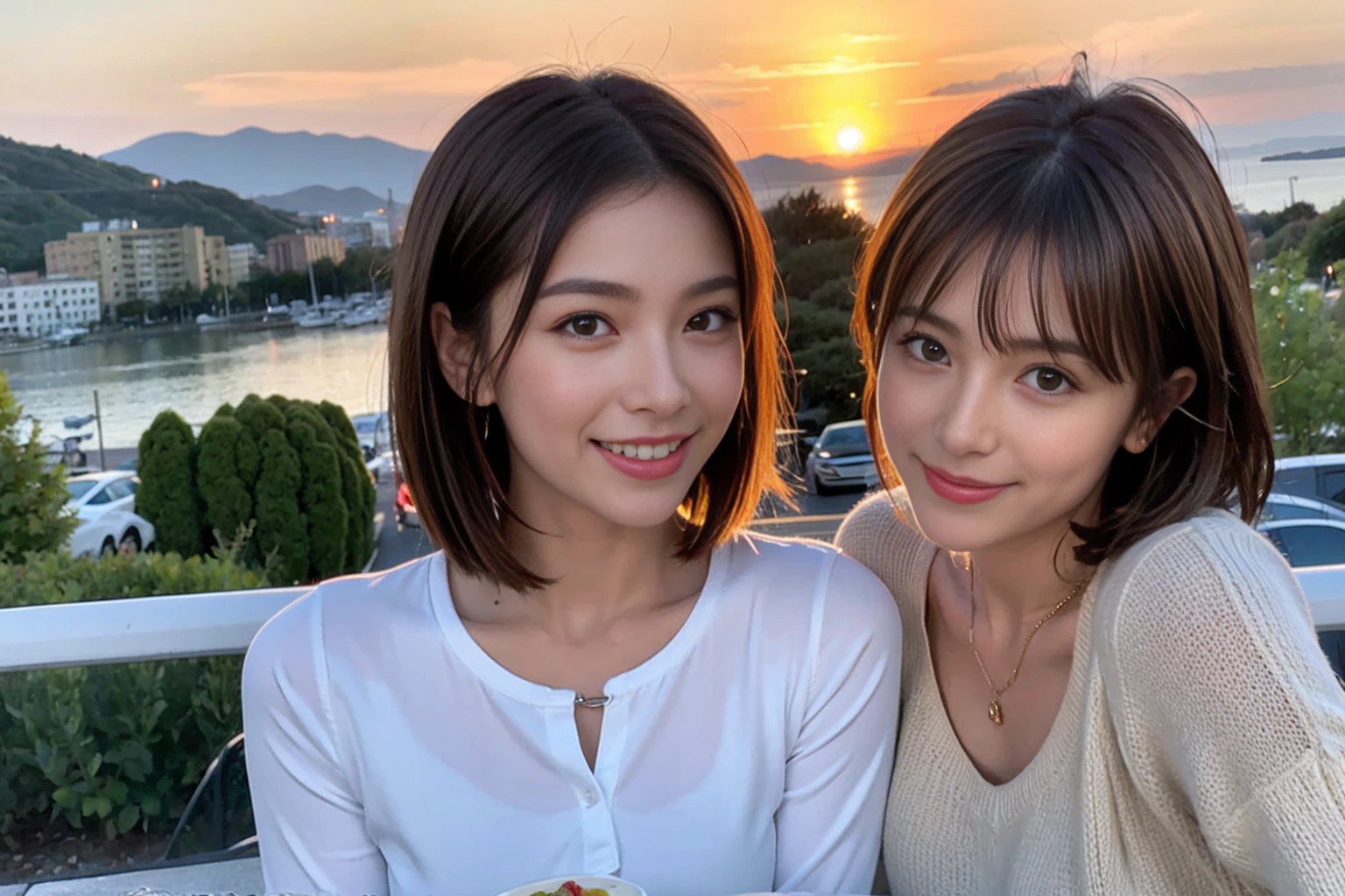 (Realistic:1.1),(masterpiece,Highest quality),8k,(40 years old), 42 years old, slimカップル、Model Couple、actress/actor、Tight waist,Upper Body,full-course dinner、wine 、Amazing view of the sunset sky and clouds、Perfect Anatomy, Brown Hair, short hair,Random Hairstyles,((Highly detailed face and eyes:1.2))(cute顔:1.4),美しいactressの顔,Perfect golden ratio face,Long sleeve shirt、dress,(smile:1.2)、Shortcuts、cute、(Realistic, Intricate details:1.2), A bright smile、short hair,Bright Face、赤wine 、Appetizers、Italian food、wine bottle、Champagne、スパークリングwine、(slimな顔), (The body is slim), (Brown Hair), (Shortcuts), Upper Body, 白wine, slim, wineグラス,